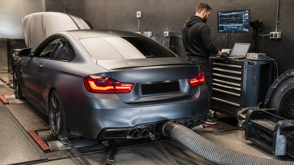 Technician using a dyno for diagnostics, illustrating the legality of using odometer blockers in the UK process.