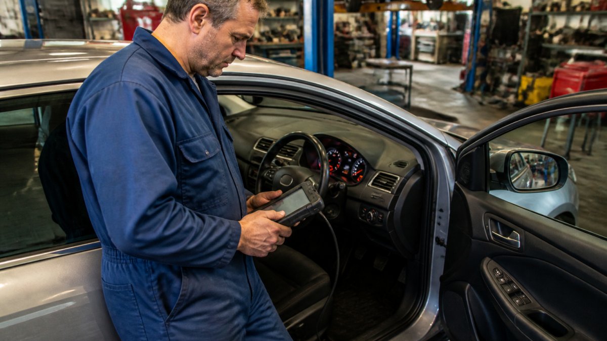 A mechanic in blue overalls holding a handheld diagnostic scan tool connected by cable to a car's OBD port, with the illuminated instrument cluster visible through the windscreen in a busy workshop
