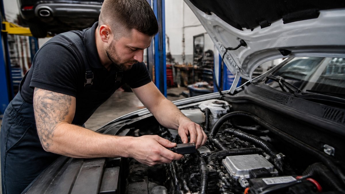 Technician installing an alternative to MileageStopper module in a professional automotive workshop engine bay