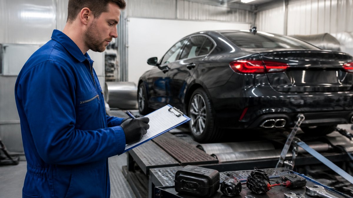 Technician checking a clipboard before dyno testing a car on a rolling road in a workshop