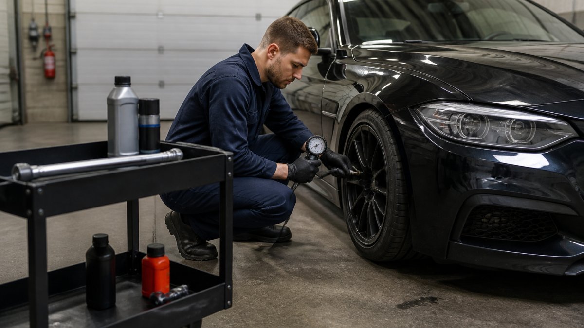 A mechanic in overalls crouching beside a performance car on a garage floor, checking tyre pressures with a gauge while a torque wrench and fluid bottles sit on a trolley nearby