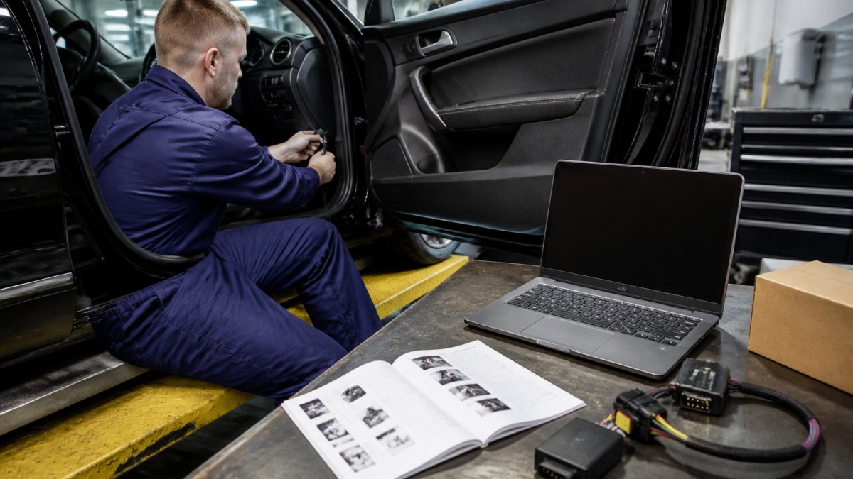 A technician in navy overalls kneeling at the open door of a car on a workshop ramp, connecting a small plug-and-play module to the OBD port, a laptop and printed fitting guide resting on the bench beside him under bright overhead strip lighting