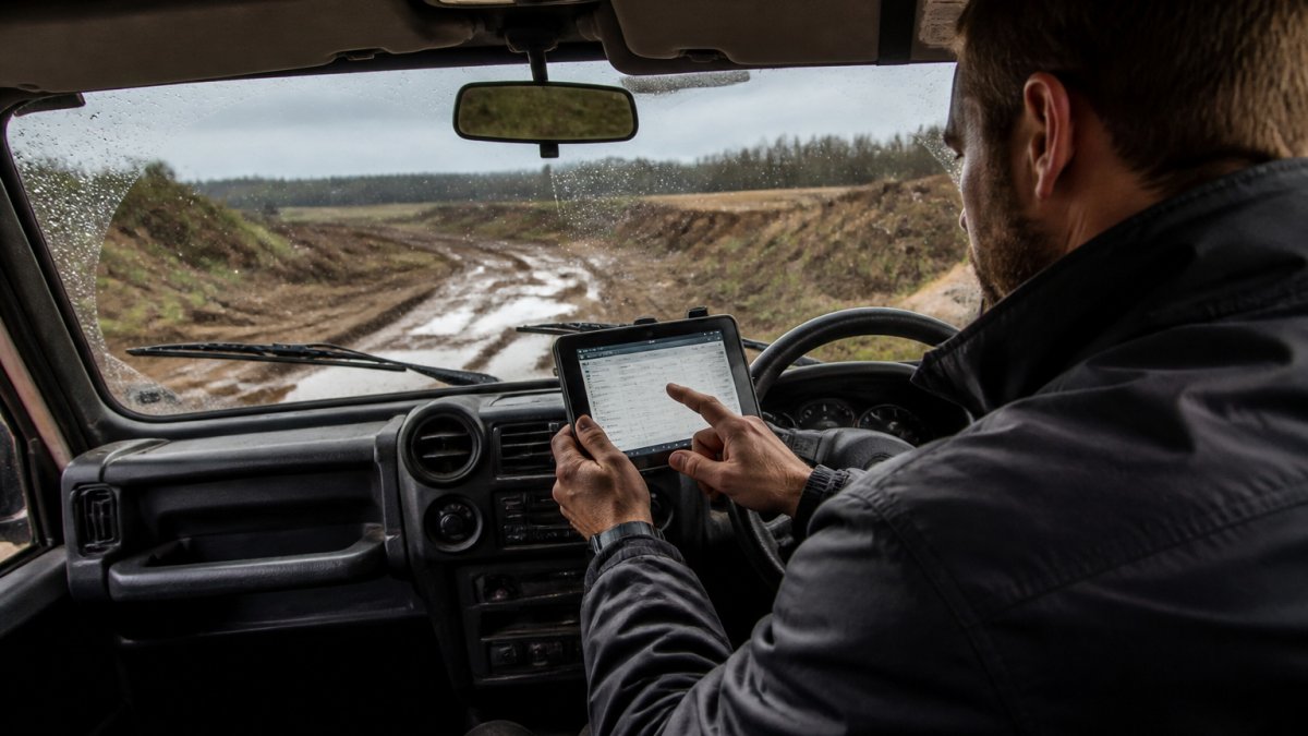 A fleet manager in a 4x4 vehicle reviewing a digital logbook on a tablet mounted to the dashboard, with muddy terrain visible through the windscreen