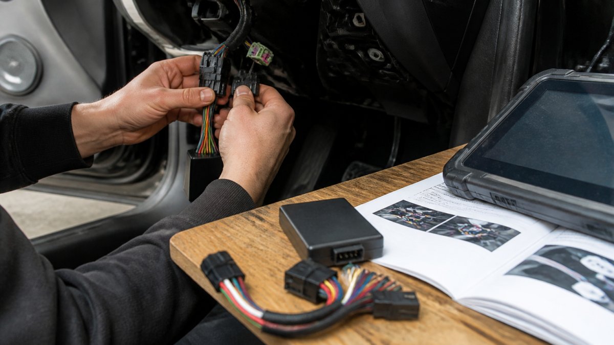 Professional technician's hands installing a plug-and-play mileage blocker module into a vehicle's CAN bus connector, with wiring harness and installation guide visible on workbench next to diagnostic equipment