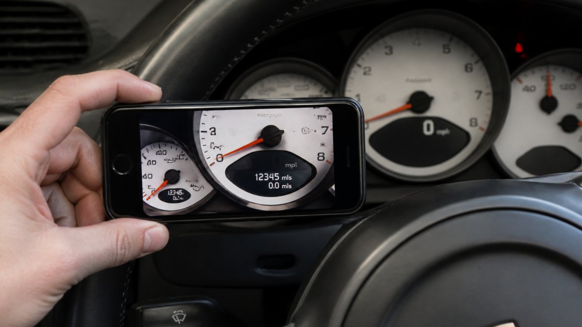 A person photographing a luxury car's odometer for accurate mileage documentation during long-term storage preparation.