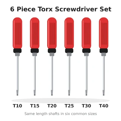 6 piece Torx screwdriver set, T10 to T40